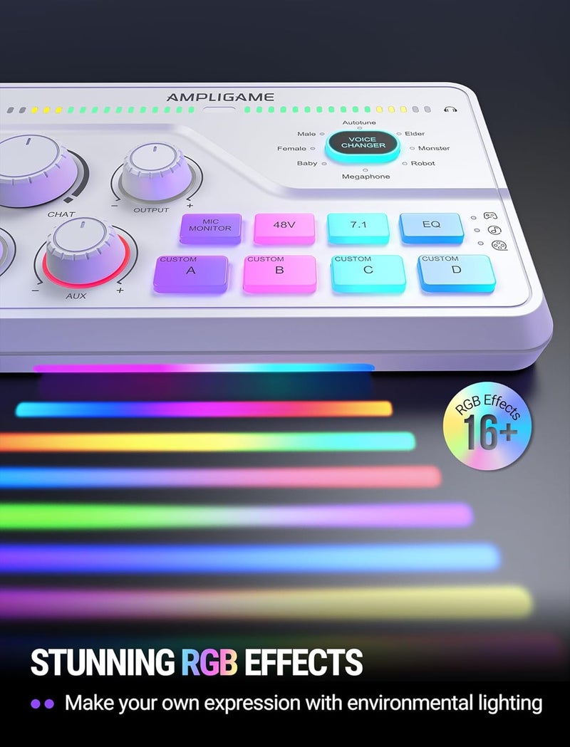 FIFINE خلاط صوتي للألعاب مع صوت محيطي 7.1 قناة - زر التحكم في الصوت - كتم الصوت - دردشة صوتية، خلاط كمبيوتر RGB مع واجهة ميكروفون XLR متوافق مع التلفاز للبث المباشر - AmpliGame SC8W - Image 5